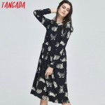 Tangada Fashion Black Dress Cats Printed 2017 Midi Dresses Women Clothes Elegant Vintage Long Sleeve Casual Brand Vestidos 