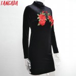 Tangada Fashion Black Velvet Women Dress Winter Floral Embroidery Standing Collar Long Sleeve Casual Cozy Brand Vestidos QJ74