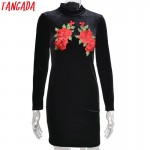 Tangada Fashion Black Velvet Women Dress Winter Floral Embroidery Standing Collar Long Sleeve Casual Cozy Brand Vestidos QJ74