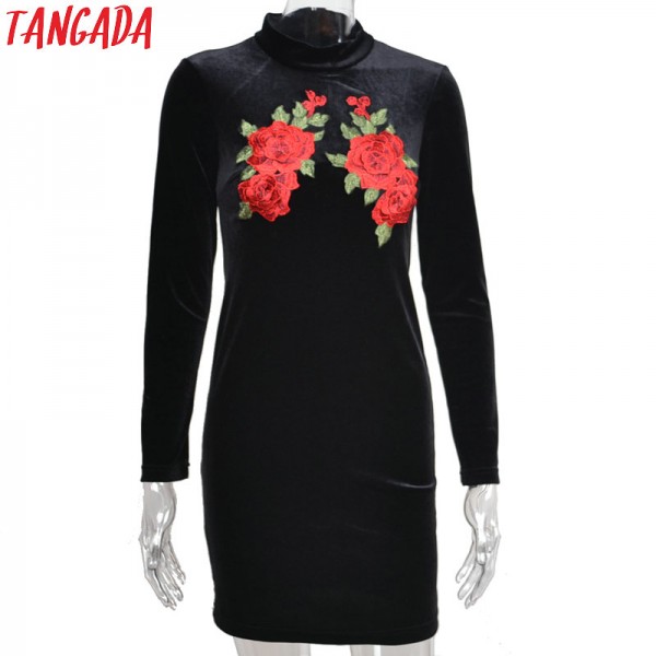 Tangada Fashion Black Velvet Women Dress Winter Floral Embroidery Standing Collar Long Sleeve Casual Cozy Brand Vestidos QJ74