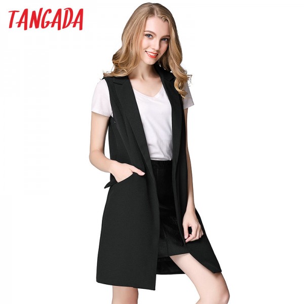 Tangada Fashion Sleeveless Jackets Vests For Women Black 2016 Office Lady Elegant Long Outerwear Casual brand colete feminino 