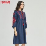 Tangada Fashion Tassel Midi Dresses 2017 Spring Women Elegant Vintage Bow Tie Floral Embroidery Puff Sleeve Bohemian Vestidos