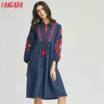 Tangada Fashion Tassel Midi Dresses 2017 Spring Women Elegant Vintage Bow Tie Floral Embroidery Puff Sleeve Bohemian Vestidos