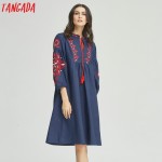 Tangada Fashion Tassel Midi Dresses 2017 Spring Women Elegant Vintage Bow Tie Floral Embroidery Puff Sleeve Bohemian Vestidos