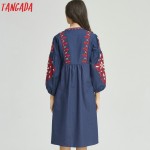 Tangada Fashion Tassel Midi Dresses 2017 Spring Women Elegant Vintage Bow Tie Floral Embroidery Puff Sleeve Bohemian Vestidos