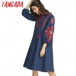 Tangada Fashion Tassel Midi Dresses 2017 Spring Women Elegant Vintage Bow Tie Floral Embroidery Puff Sleeve Bohemian Vestidos