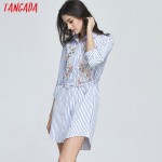 Tangada Fashion Women Blue Striped Shirt Dress Floral Embroidery Turn-down Collar Sashes Long Sleeve Vintage Casual Brand LE117