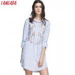 Tangada Fashion Women Blue Striped Shirt Dress Floral Embroidery Turn-down Collar Sashes Long Sleeve Vintage Casual Brand LE117