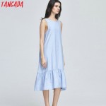 Tangada Fashion Women Long Tank Dress Cotton Blue Ruffles Beach Summer Sleeveless Loose Casual Brand Vestidos Mujer Sundress