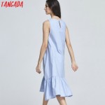 Tangada Fashion Women Long Tank Dress Cotton Blue Ruffles Beach Summer Sleeveless Loose Casual Brand Vestidos Mujer Sundress