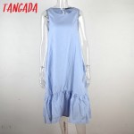 Tangada Fashion Women Long Tank Dress Cotton Blue Ruffles Beach Summer Sleeveless Loose Casual Brand Vestidos Mujer Sundress