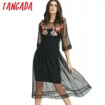 Tangada Floral Embroidery Mesh Dress Long Summer Beach Sexy Women Party Ukraine Fashion Black Vintage Sexy Boho Vestido Beach 