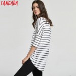 Tangada Woman T-shirts Striped Autumn Fashion 2016 Three Quarter Sleeve Blue T shirt For Women Casual Brand Tops Basic XLJ70 