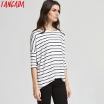 Tangada Woman T-shirts Striped Autumn Fashion 2016 Three Quarter Sleeve Blue T shirt For Women Casual Brand Tops Basic XLJ70 