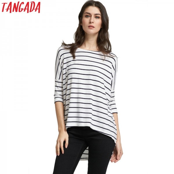 Tangada Woman T-shirts Striped Autumn Fashion 2016 Three Quarter Sleeve Blue T shirt For Women Casual Brand Tops Basic XLJ70 