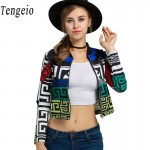 Tengeio Autumn Cropped Ethnic Jackets Women basic Coat Multicolor Geometric Print Slim Zip-Up Long Sleeve Jacket chaquetas mujer