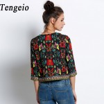 Tengeio Autumn women basic coats Retro Vintage Ethnic Jacket Floral Print Embroidered Short fall Jacket Coat Chaquetas Mujer 10S