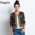 Tengeio Autumn women basic coats Retro Vintage Ethnic Jacket Floral Print Embroidered Short fall Jacket Coat Chaquetas Mujer 10S