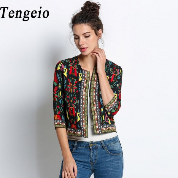 Tengeio Autumn women basic coats Retro Vintage Ethnic Jacket Floral Print Embroidered Short fall Jacket Coat Chaquetas Mujer 10S