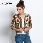 Tengeio Autumn women basic coats Retro Vintage Ethnic Jacket Floral Print Embroidered Short fall Jacket Coat Chaquetas Mujer 10S