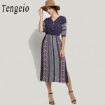 Tengeio New Women Bohemian beach dress Casual Half Sleeve Floral Print V-Neck Button Maxi Long Dress Vestido boho clothing 110