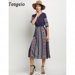 Tengeio New Women Bohemian beach dress Casual Half Sleeve Floral Print V-Neck Button Maxi Long Dress Vestido boho clothing 110