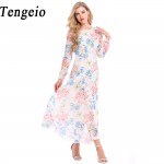 Tengeio Summer Dress 2017 Female Women Long Sleeve Maxi porcelain Flower Printed Plus Size XXL Chiffon long Beach Dress 115