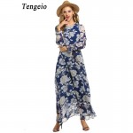 Tengeio Summer Dress 2017 Female Women Long Sleeve Maxi porcelain Flower Printed Plus Size XXL Chiffon long Beach Dress 115