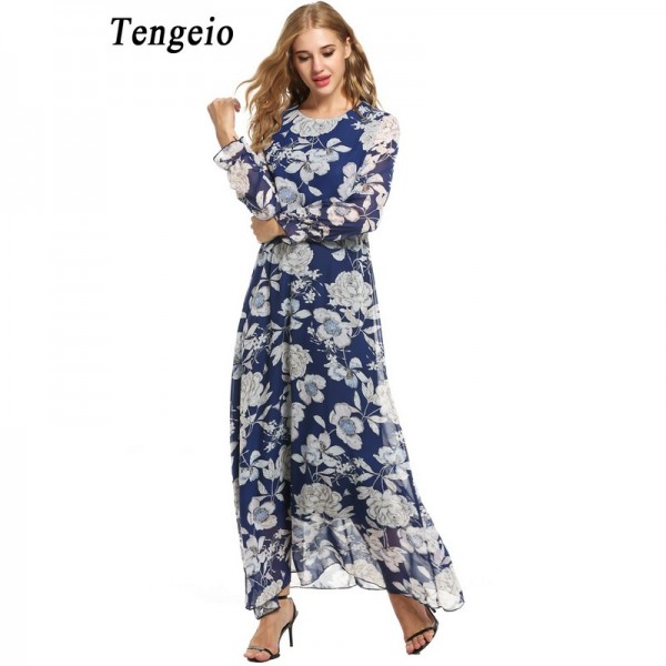 Tengeio Summer Dress 2017 Female Women Long Sleeve Maxi porcelain Flower Printed Plus Size XXL Chiffon long Beach Dress 115