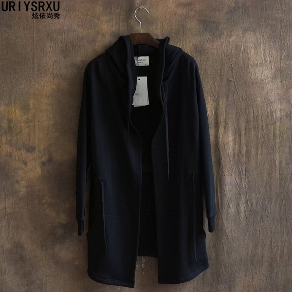 The mainstream pure color hooded men long thin paragraph cardigan trench coat hoodie Big yards wide hood shirt for men