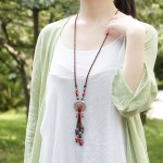 Tibetan Whitebait Ethnic Ancient Jewelry Original Ceramic Necklaces Vintage Natural Stone Pendant Cotton Long Tassel Necklace