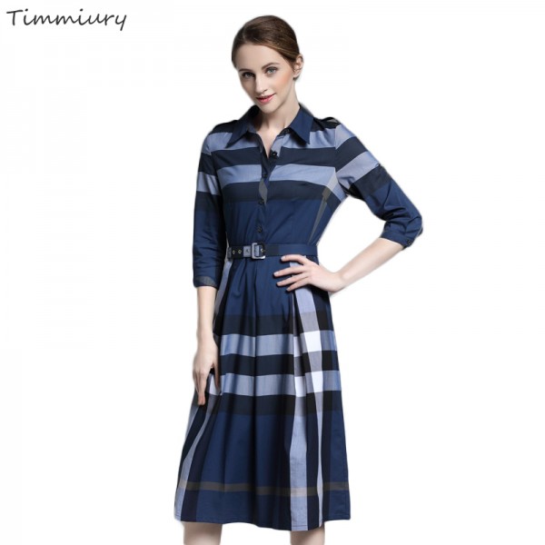 Timmiury Spring 2017 Women Plaid Long Dress Three Quarter Shirt Dress Vestidos Party Dresses vestido Cotton Casual Khaki/Blue