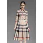 Timmiury Spring 2017 Women Plaid Long Dress Three Quarter Shirt Dress Vestidos Party Dresses vestido Cotton Casual Khaki/Blue