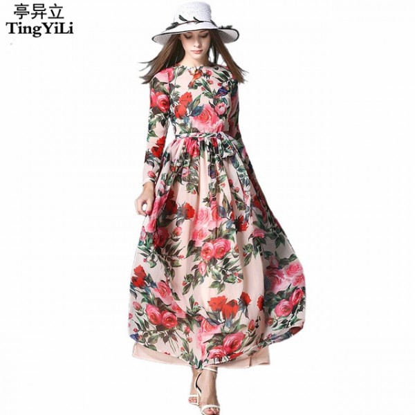 TingYiLi Floral Maxi Dress Long Sleeve Printed Chiffon Dress Bohemian Beach Long Dress Women Summer Dress 2016