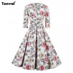 Tonval 4XL Womens Rockabilly Floral Pleated Dress Autumn Vestidos 2/3 Sleeve Retro Vintage 50s Elegant Lady Plus Size Dresses