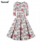 Tonval 4XL Womens Rockabilly Floral Pleated Dress Autumn Vestidos 2/3 Sleeve Retro Vintage 50s Elegant Lady Plus Size Dresses