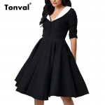 Tonval Bottons Elegant Rockabilly Dress Women Vintage Audrey Hepburn 50s Dress Half Sleeve Tunic Sexy V Neck Pleated Dress