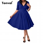 Tonval Bottons Elegant Rockabilly Dress Women Vintage Audrey Hepburn 50s Dress Half Sleeve Tunic Sexy V Neck Pleated Dress