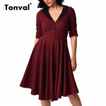 Tonval Bottons Elegant Rockabilly Dress Women Vintage Audrey Hepburn 50s Dress Half Sleeve Tunic Sexy V Neck Pleated Dress