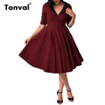 Tonval Bottons Elegant Rockabilly Dress Women Vintage Audrey Hepburn 50s Dress Half Sleeve Tunic Sexy V Neck Pleated Dress