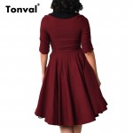 Tonval Bottons Elegant Rockabilly Dress Women Vintage Audrey Hepburn 50s Dress Half Sleeve Tunic Sexy V Neck Pleated Dress