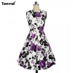 Tonval Women 50s Vintage Floral Swing Dress Audrey Hepburn Tunic Elegant Rockabilly Dresses Evening Party Sexy Summer Vestidos