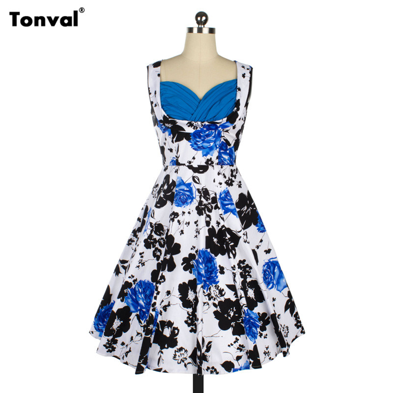 Tonval Women 50s Vintage Floral Swing Dress Audrey Hepburn Tunic Elegant Rockabilly Dresses