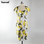 Tonval Women Vintage Lemon Pattern Print Dress Elegant Cap Sleeve Summer Pencil Dress Sexy Vestidos Retro Party Dress