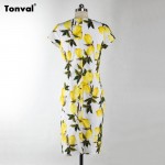 Tonval Women Vintage Lemon Pattern Print Dress Elegant Cap Sleeve Summer Pencil Dress Sexy Vestidos Retro Party Dress