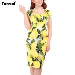 Tonval Women Vintage Lemon Pattern Print Dress Elegant Cap Sleeve Summer Pencil Dress Sexy Vestidos Retro Party Dress