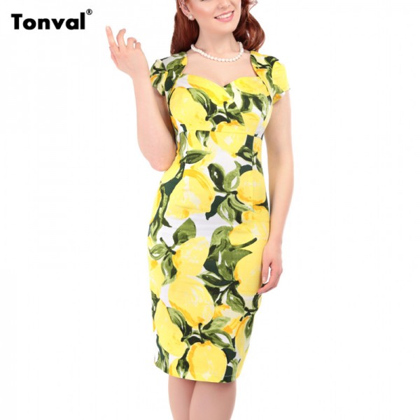 Tonval Women Vintage Lemon Pattern Print Dress Elegant Cap Sleeve Summer Pencil Dress Sexy Vestidos Retro Party Dress