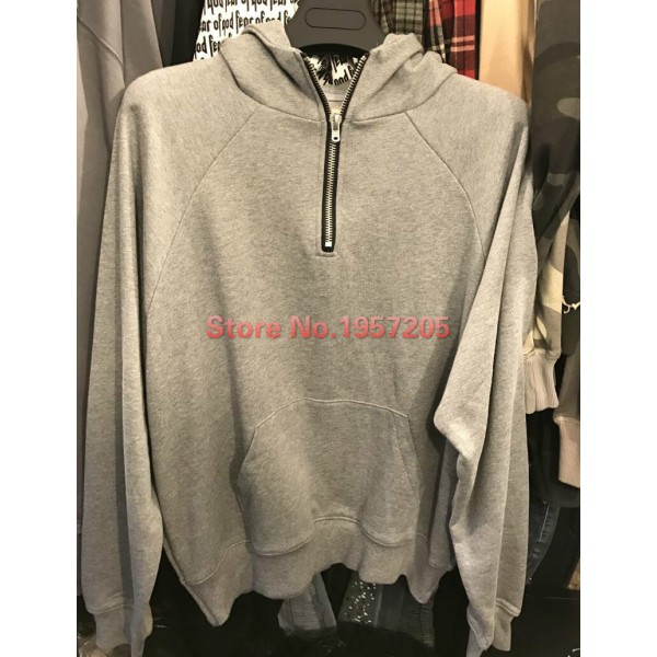 Top Version Relaxed Fit Half Zipped Pullovers Mens 2017 Autumn Side Slit Silhouette Clipping HOODY Free Shipping