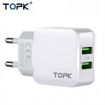 Topk 5V 2.4A Smart Travel Dual USB Charger Adapter Wall Portable EU Plug Mobile Phone Charger for iPhone Samsung Xiaomi Tablet