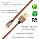 Topk Upgraded Premium Leather Braided Aluminum Alloy Fast Charging Phone USB Cable for iPhone 7 6 6s Plus 5s 5 iPadmini